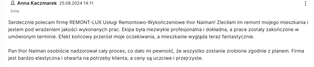 Opinia klienta REMONT-LUX