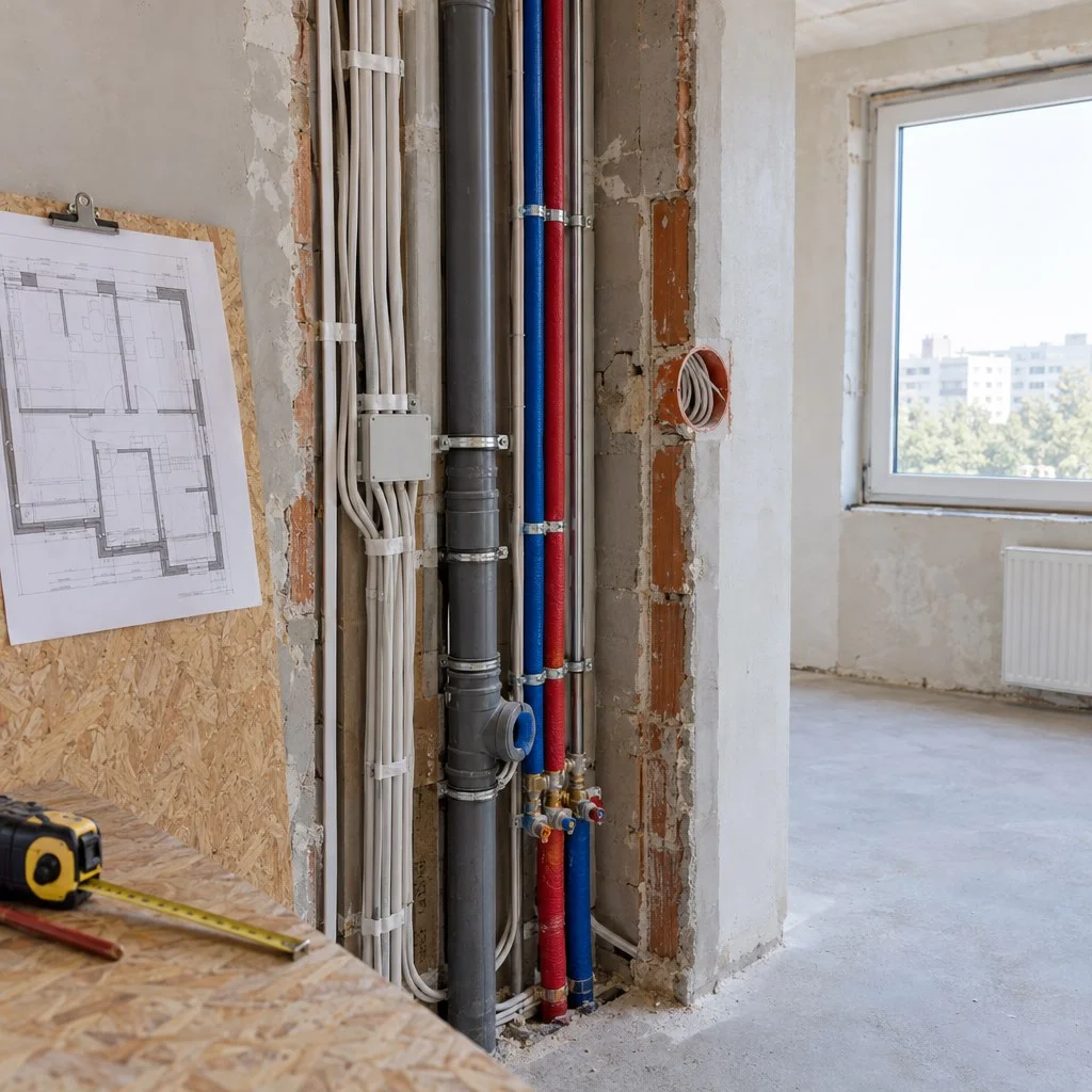 Otwarta ściana instalacyjna z miarką i planem przed kontrolą etapu – ilustracja poglądowa