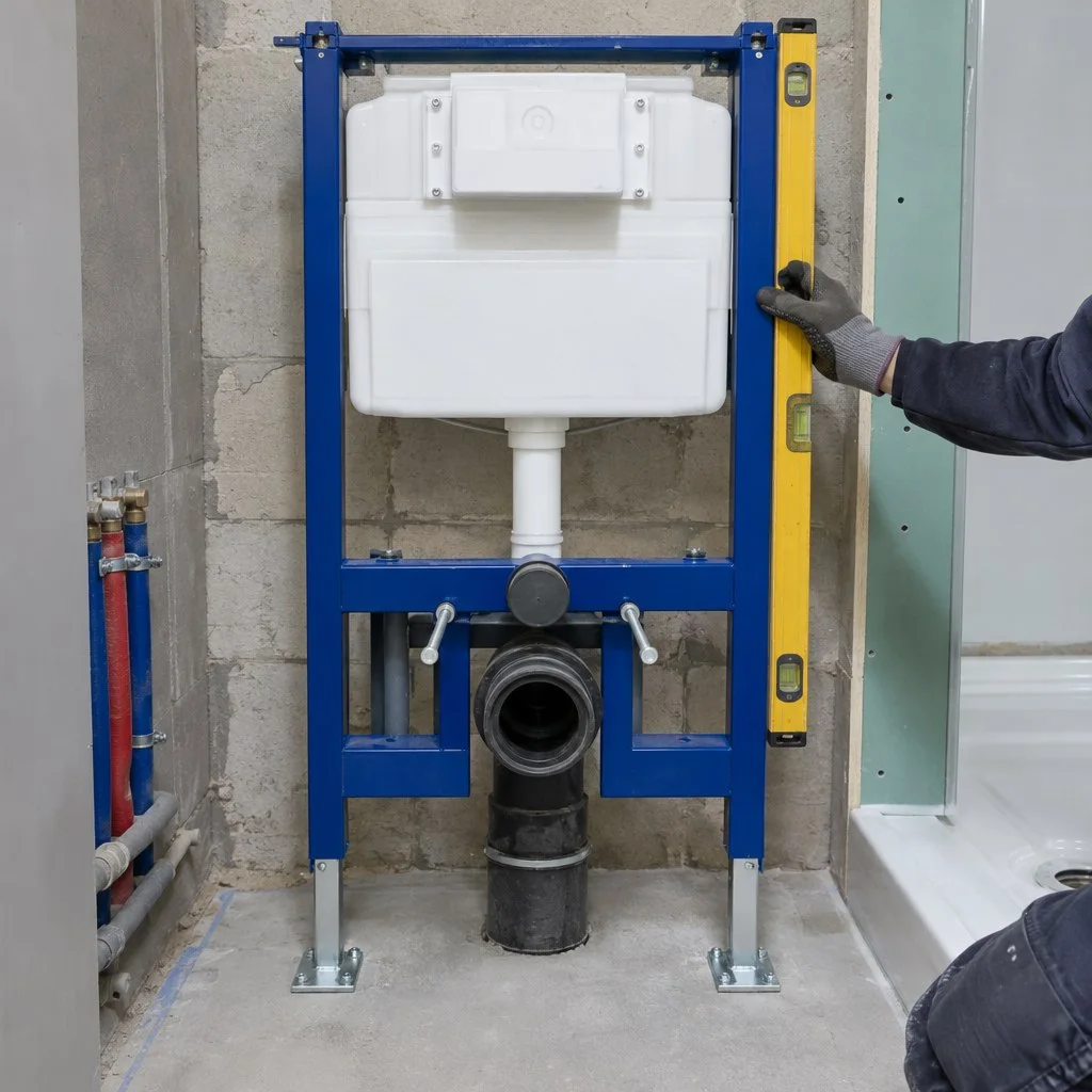 Kontrola poziomu i instalacji stelaża WC przed wykonaniem zabudowy – ilustracja poglądowa